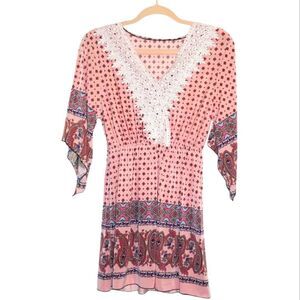 Boutique Pink Boho Lace Trim V-Neck Blouse